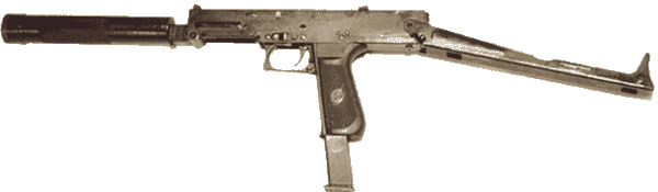 Пистолет - пулемет ПП - 93 с откинутым прикладом, магазином на 30 патронов и глушителем