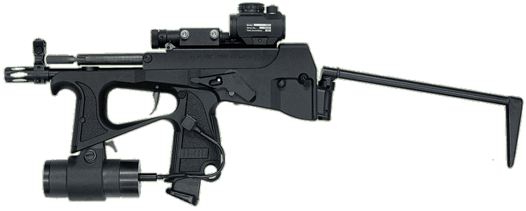 Пистолет-пулемет ПП - 2000 с откинутым плечевым упором, ЛЦУ, коллиматорным прицелом и боевым фонарем